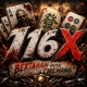 Logo game 116X bertema kiamat dengan elemen kartu dan mahjong.