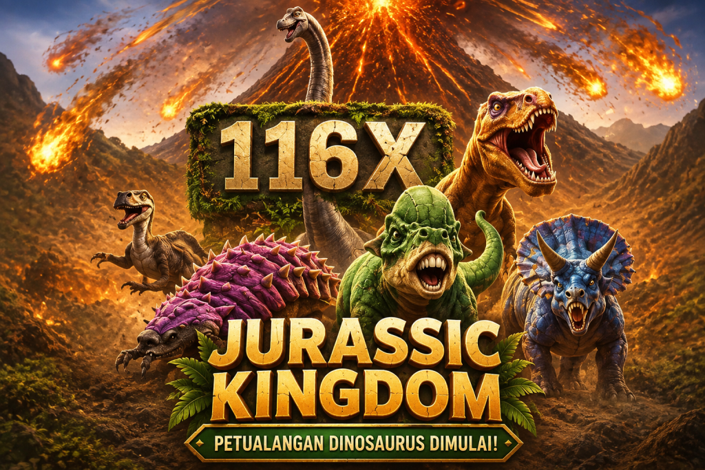 Jurassic Kingdom 116X dengan dinosaurus dan gunung berapi