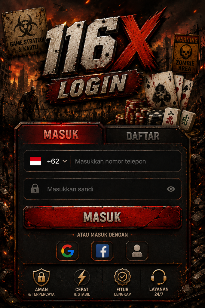 116X Login bertema kiamat dengan kartu, mahjong dan halaman masuk akun.