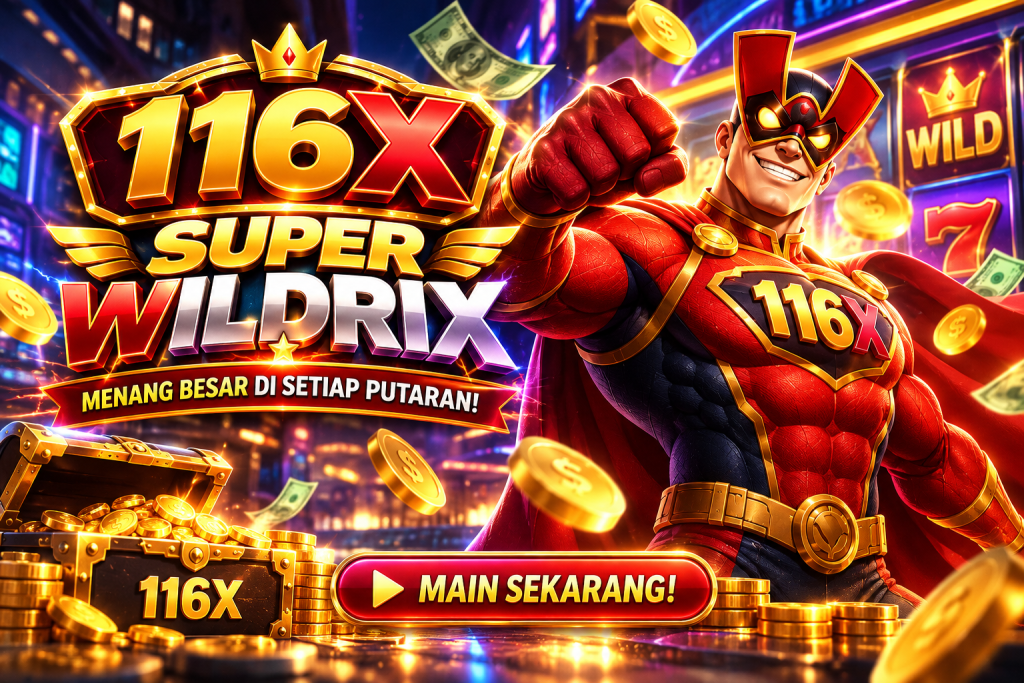 Game 116X Super Wildrix dengan superhero dan koin emas.