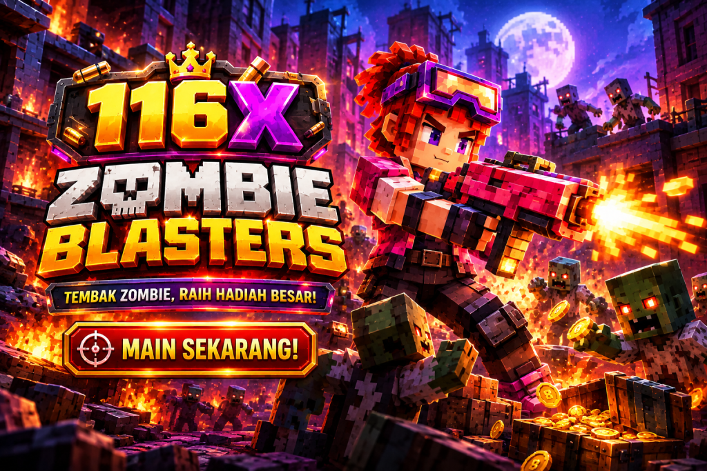 Game 116X Zombie Blasters dengan aksi tembak zombie di kota terbakar.